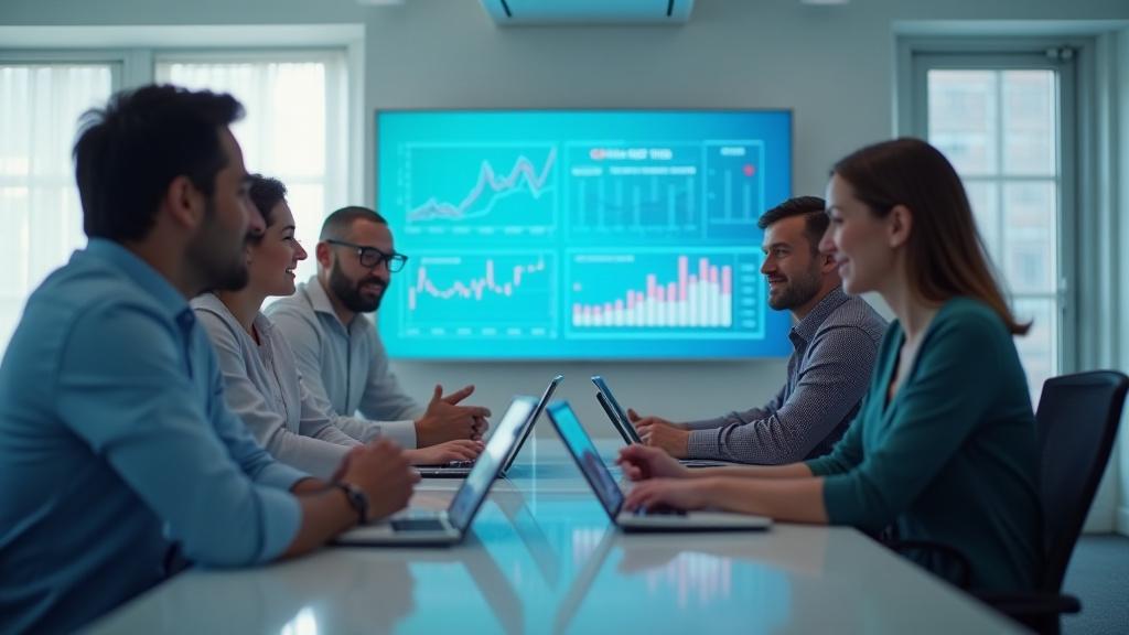 Overview of Current Capital financial services, showcasing a diverse team collaborating on financial charts and data.